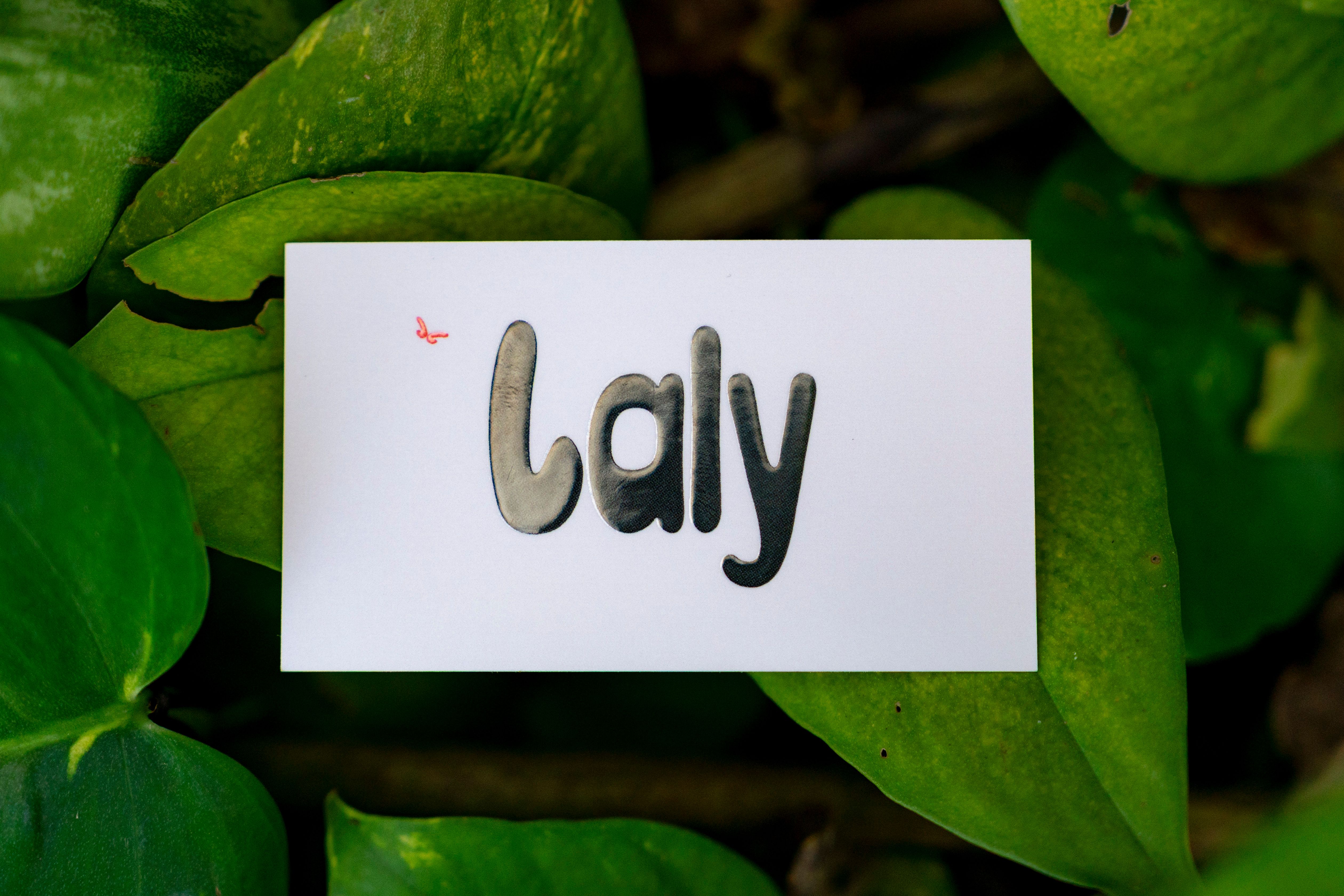 Laly business card laid over leaves. 